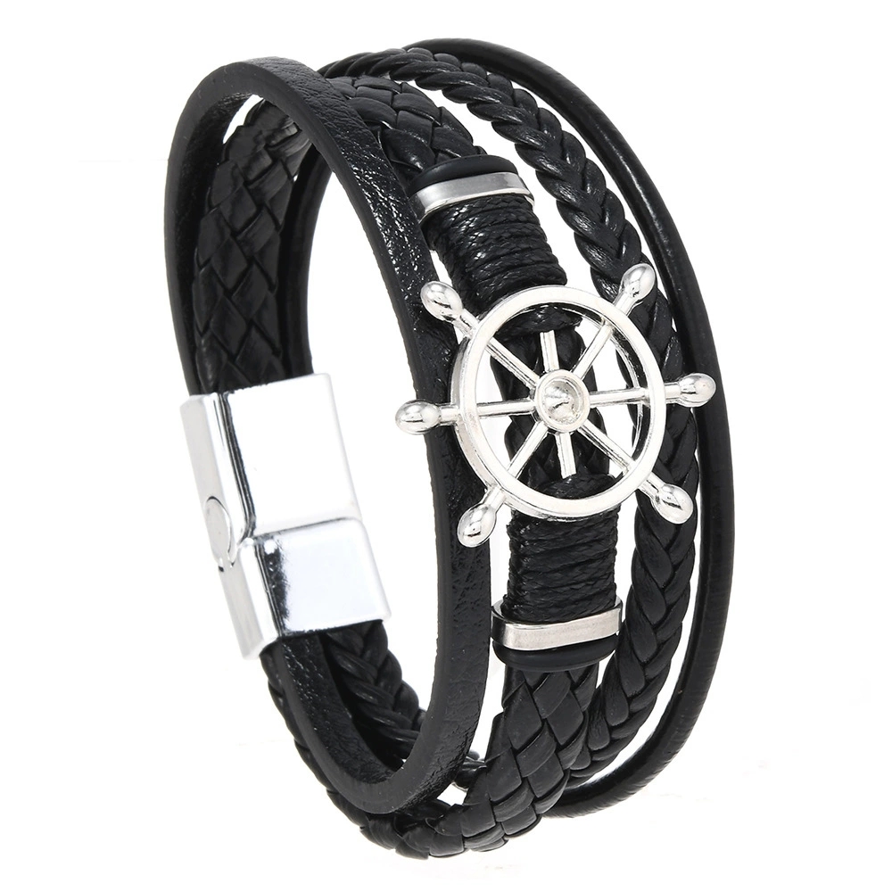 Vintage Fashion Wheel - Bracelet en cuir tressé multicouche vintage